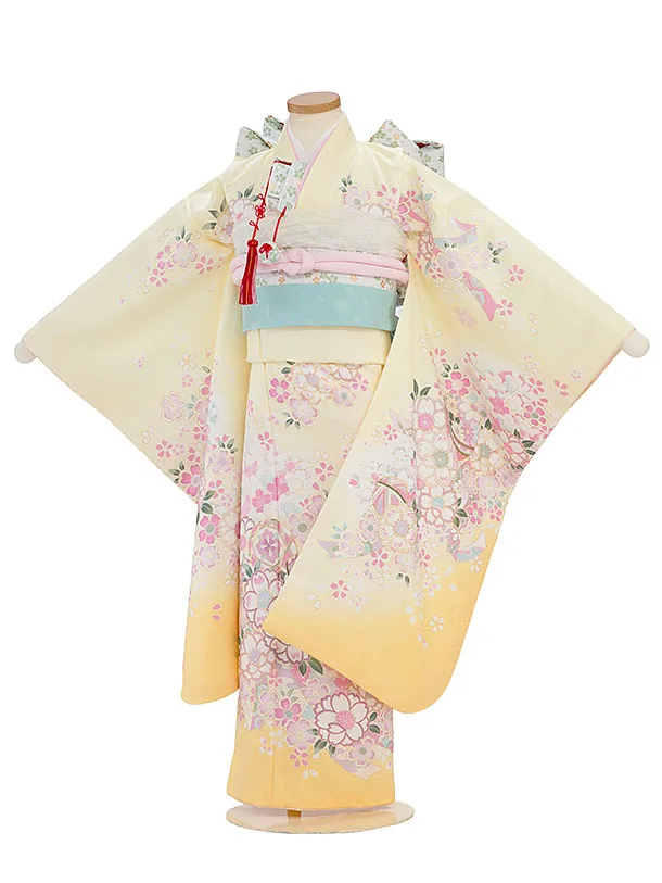 七五三レンタル(7歳女児結び帯) F414 薄黄色 桜まり