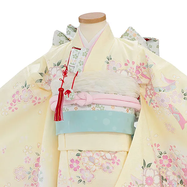 七五三レンタル(7歳女児結び帯) F414 薄黄色 桜まり