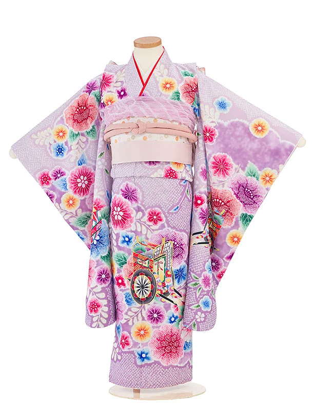七五三レンタル(5歳女児結び帯) F417 ラベンダー 花鹿の子御所車