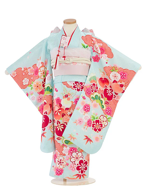 七五三レンタル(5歳女児結び帯) F418 水色 梅橘桜