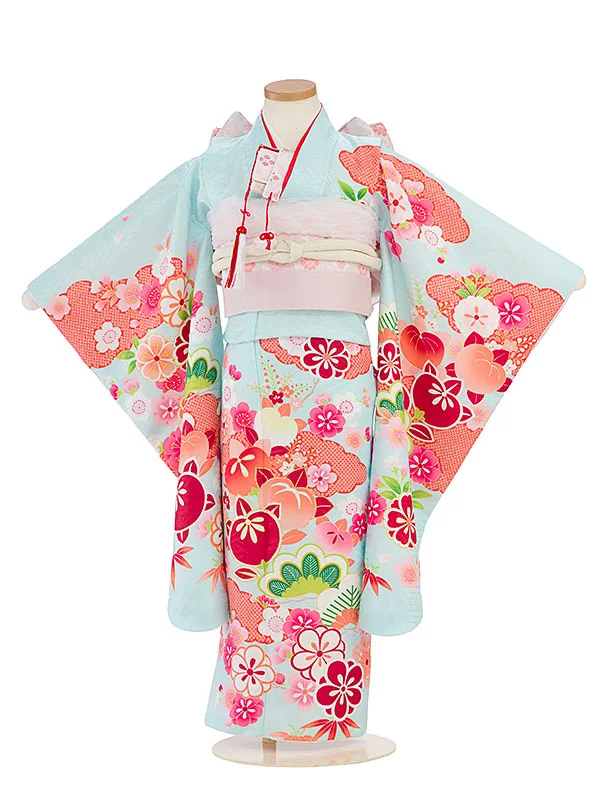 七五三レンタル(5歳女児結び帯) F418 水色 梅橘桜