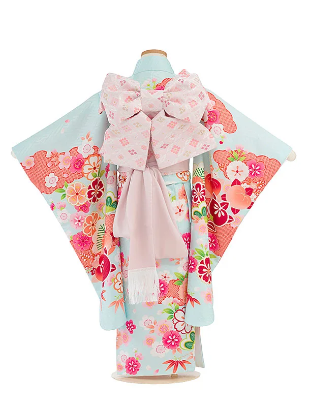 七五三レンタル(5歳女児結び帯) F418 水色 梅橘桜