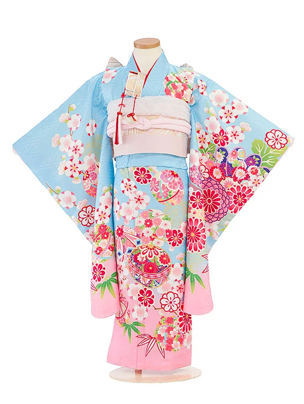 七五三レンタル(5歳女児結び帯) F422 水色×ピンク 花まり