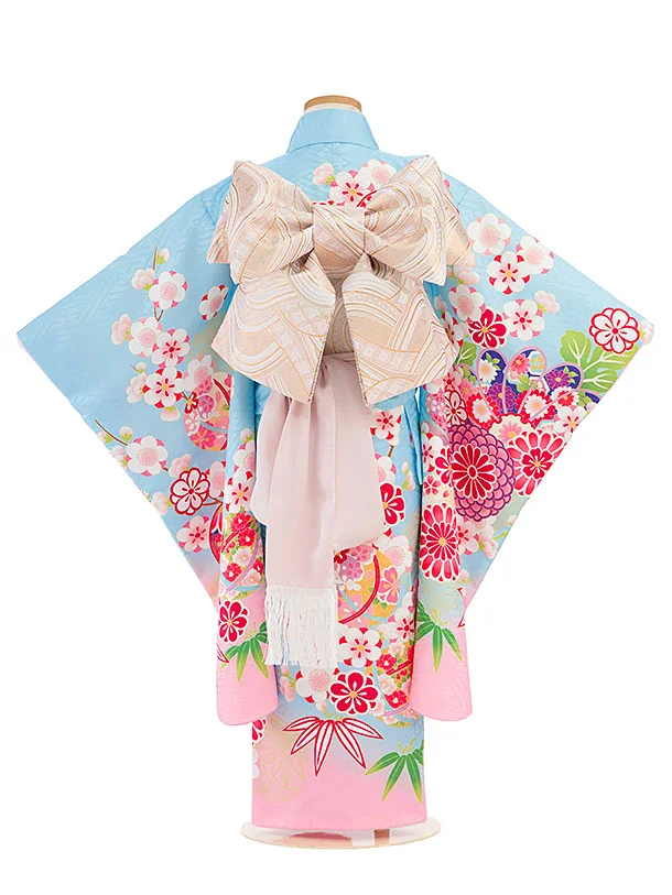 七五三レンタル(5歳女児結び帯) F422 水色×ピンク 花まり