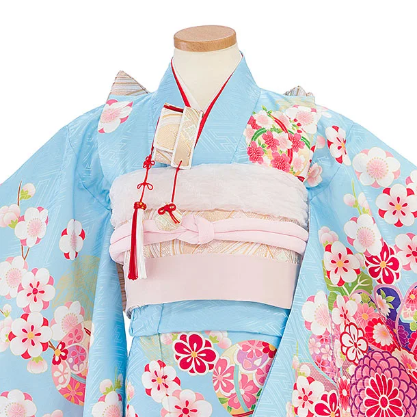 七五三レンタル(5歳女児結び帯) F422 水色×ピンク 花まり