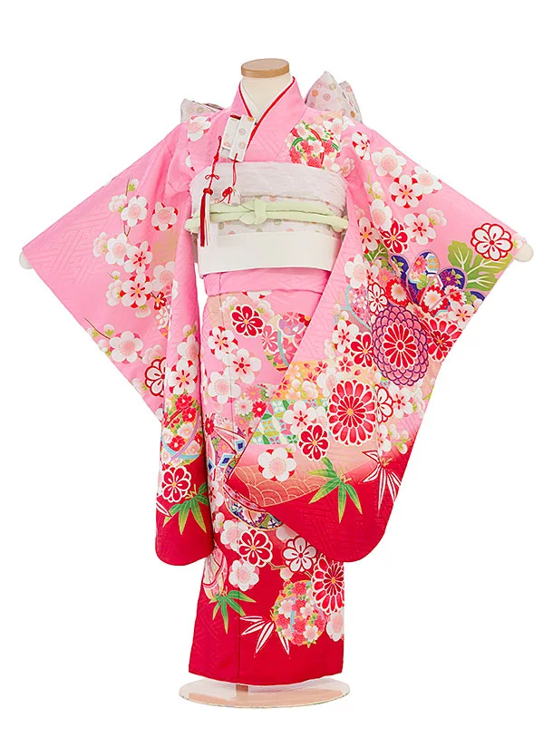 七五三レンタル(5歳女児結び帯) F423 ピンク×赤 花まり