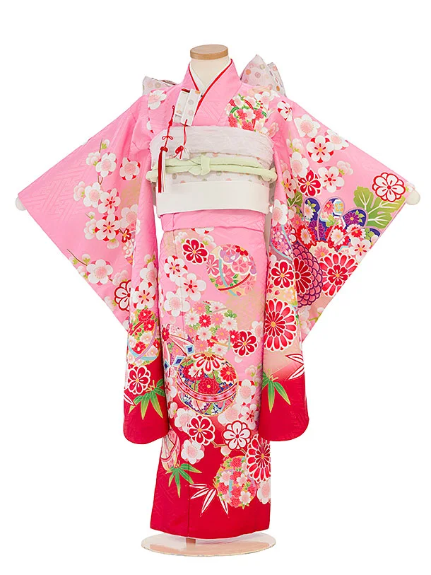 七五三レンタル(5歳女児結び帯) F423 ピンク×赤 花まり