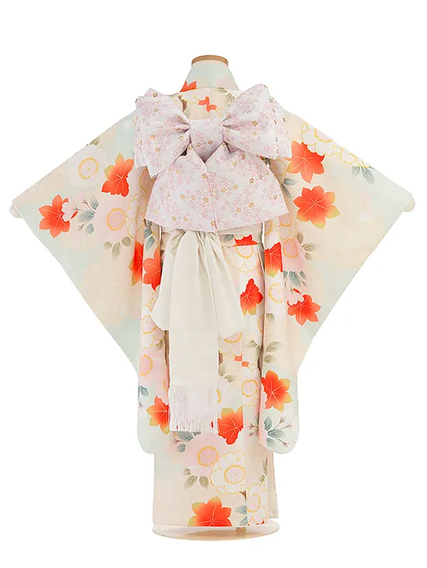 七五三レンタル(5歳女児結び帯) F431 淡グリーン 桜紅葉