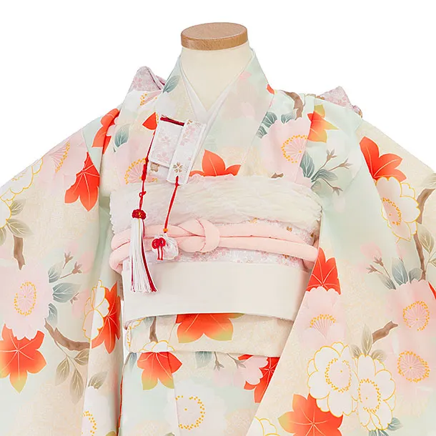 七五三レンタル(5歳女児結び帯) F431 淡グリーン 桜紅葉