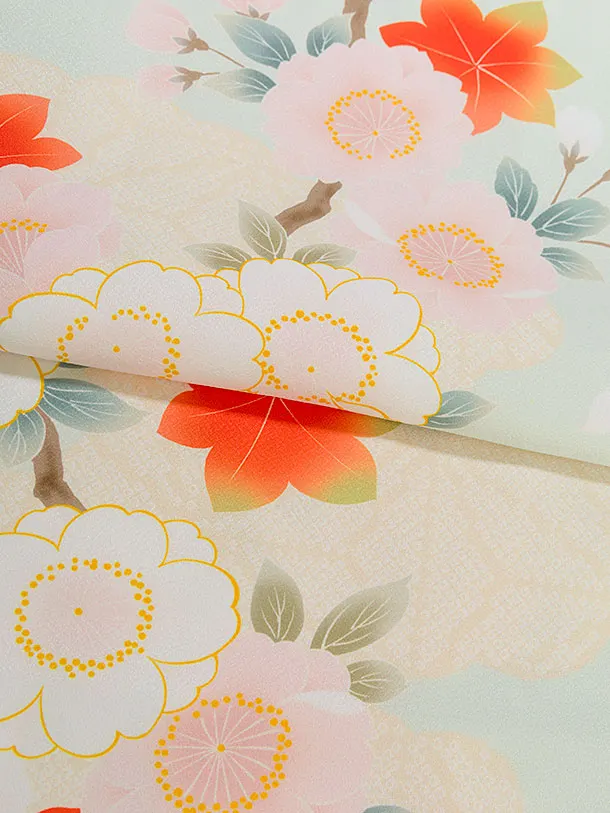 七五三レンタル(5歳女児結び帯) F431 淡グリーン 桜紅葉