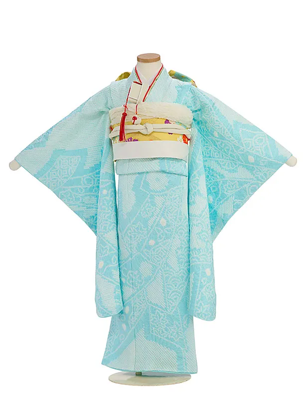【正絹】【総絞り】七五三レンタル(7歳女児袋帯) F441 水色 熨斗柄