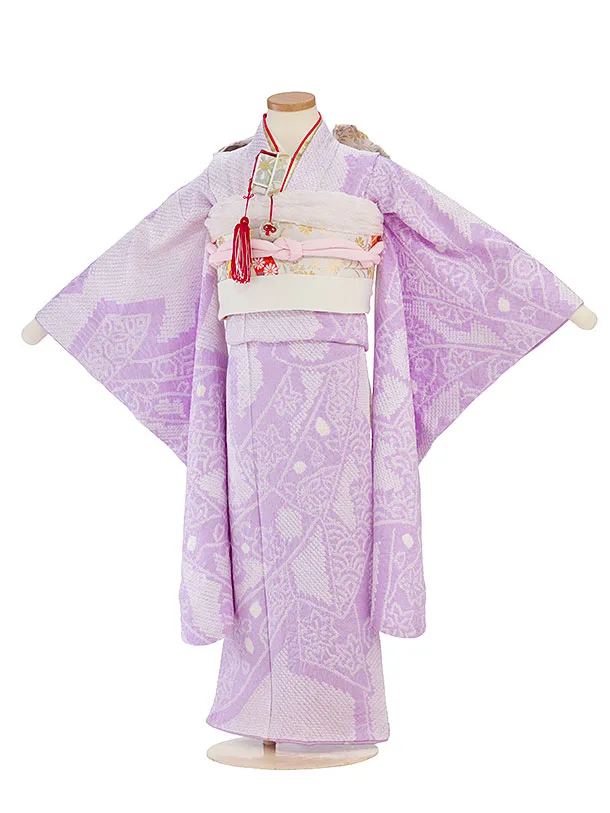 【正絹】【総絞り】七五三レンタル(7歳女児袋帯) F442 ラベンダー 熨斗柄