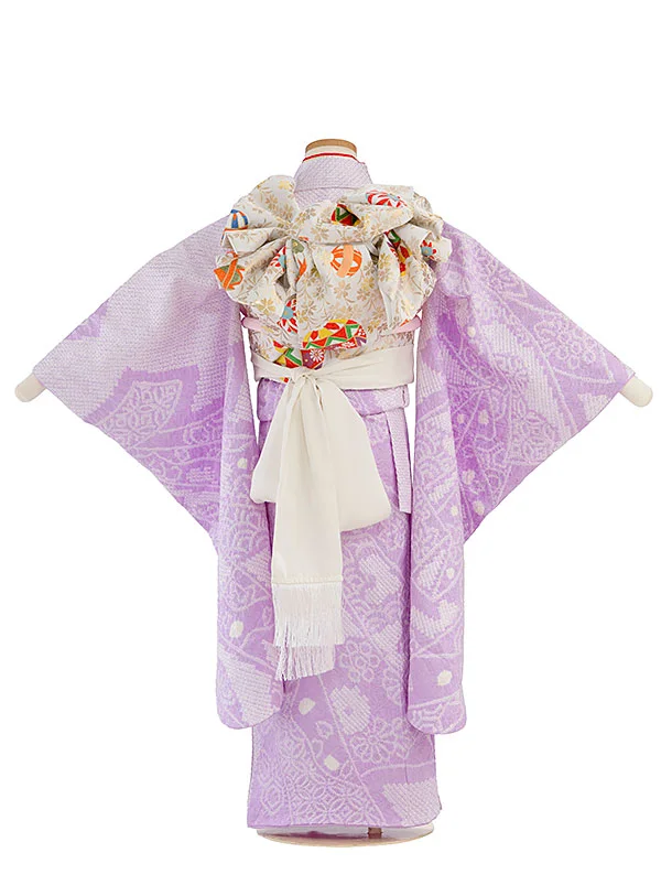 【正絹】【総絞り】七五三レンタル(7歳女児袋帯) F442 ラベンダー 熨斗柄