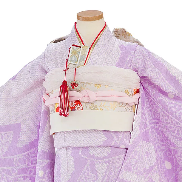 【正絹】【総絞り】七五三レンタル(7歳女児袋帯) F442 ラベンダー 熨斗柄