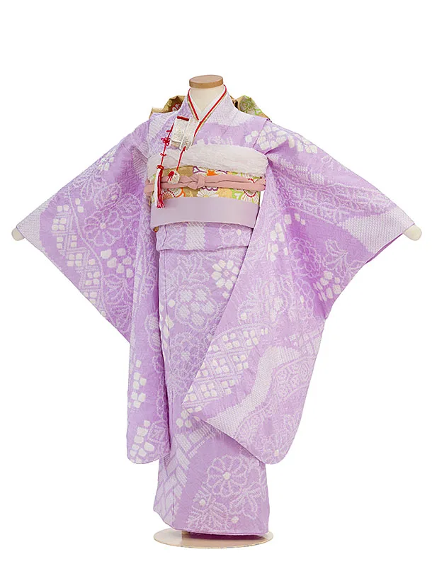 【正絹】【総絞り】七五三レンタル(7歳女児袋帯) F443 ラベンダー 花柄
