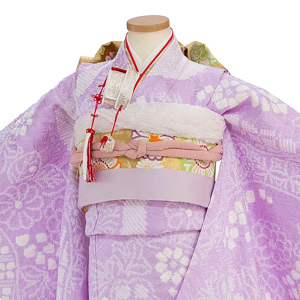 【正絹】【総絞り】七五三レンタル(7歳女児袋帯) F443 ラベンダー 花柄