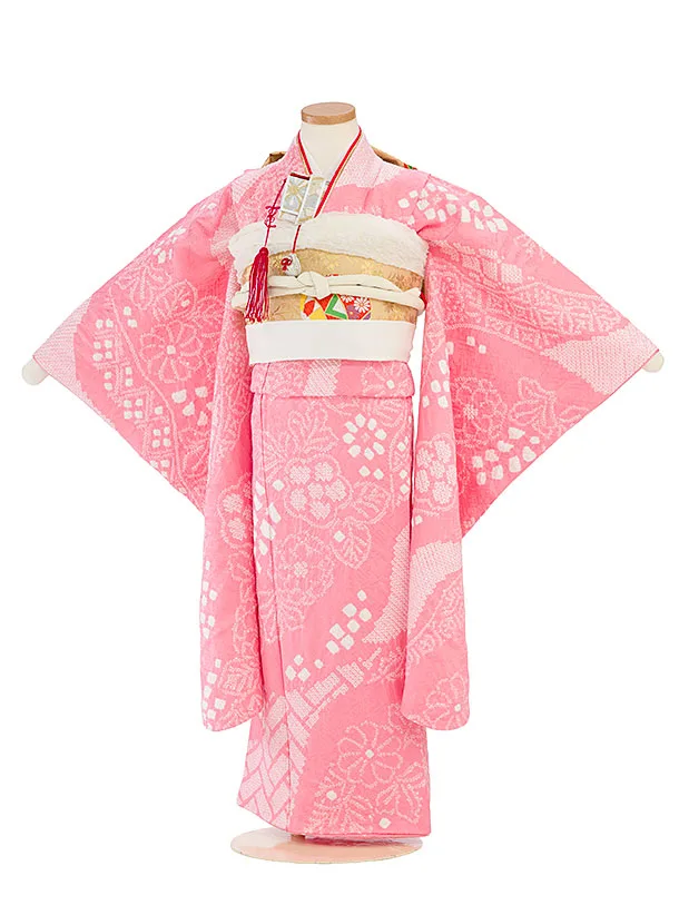【正絹】【総絞り】七五三レンタル(7歳女児袋帯) F444 ピンク 花柄