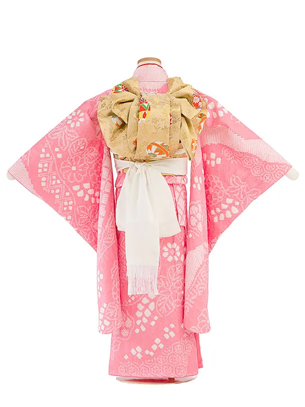 【正絹】【総絞り】七五三レンタル(7歳女児袋帯) F444 ピンク 花柄