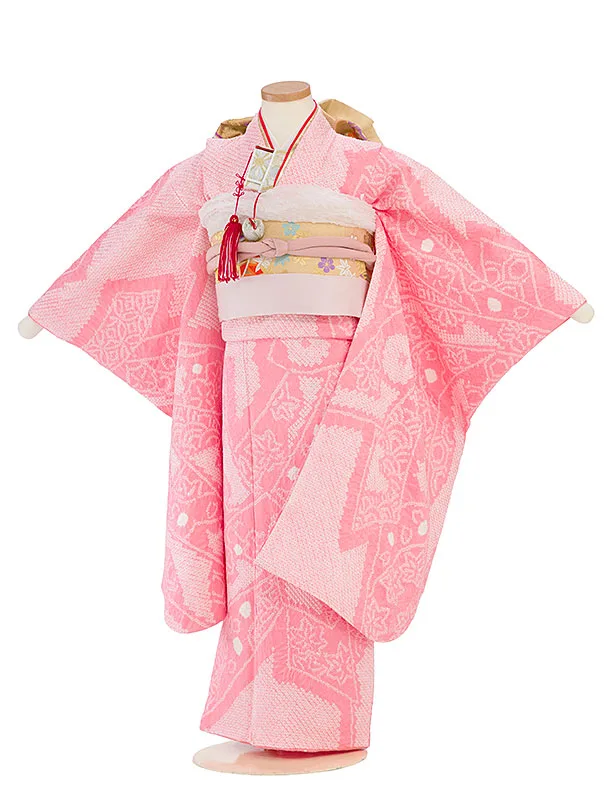 【正絹】【総絞り】七五三レンタル(7歳女児袋帯) F445 ピンク 熨斗柄