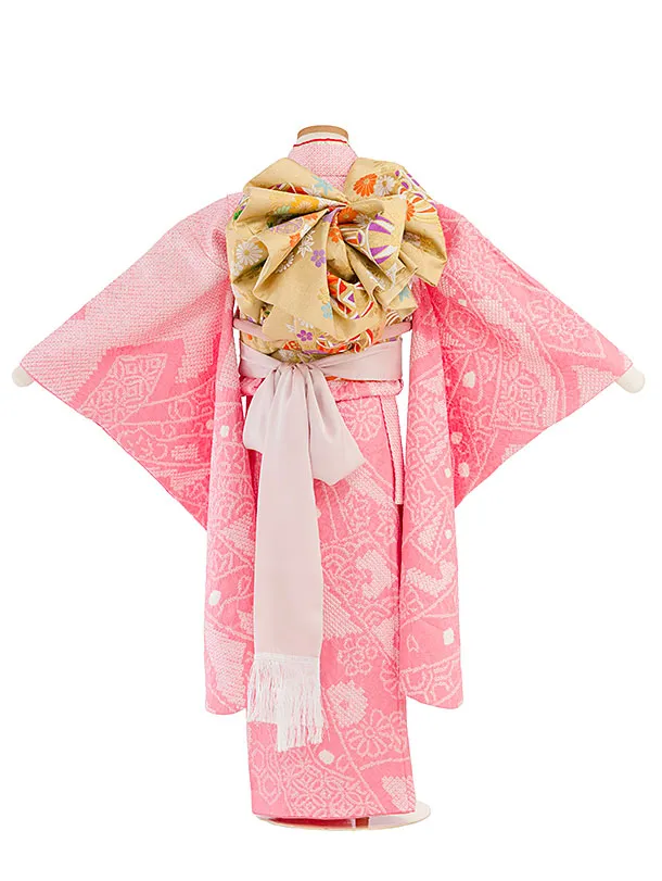 【正絹】【総絞り】七五三レンタル(7歳女児袋帯) F445 ピンク 熨斗柄