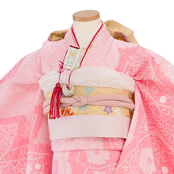 【正絹】【総絞り】七五三レンタル(7歳女児袋帯) F445 ピンク 熨斗柄