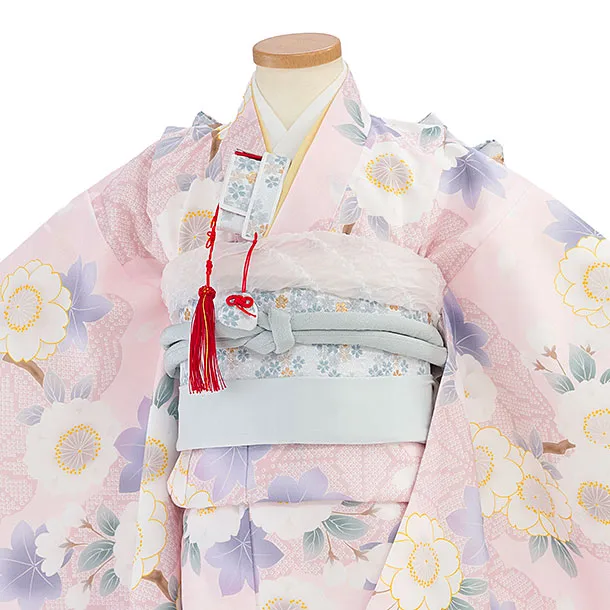 七五三レンタル(7歳女児結び帯) F448 淡ピンク 桜紅葉