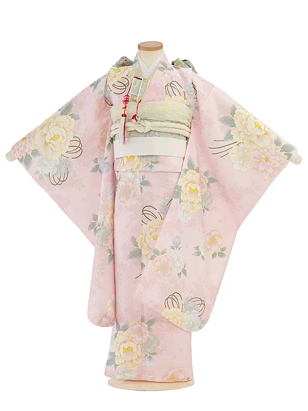 七五三レンタル(7歳女児結び帯) F449 くすみピンク 牡丹桜