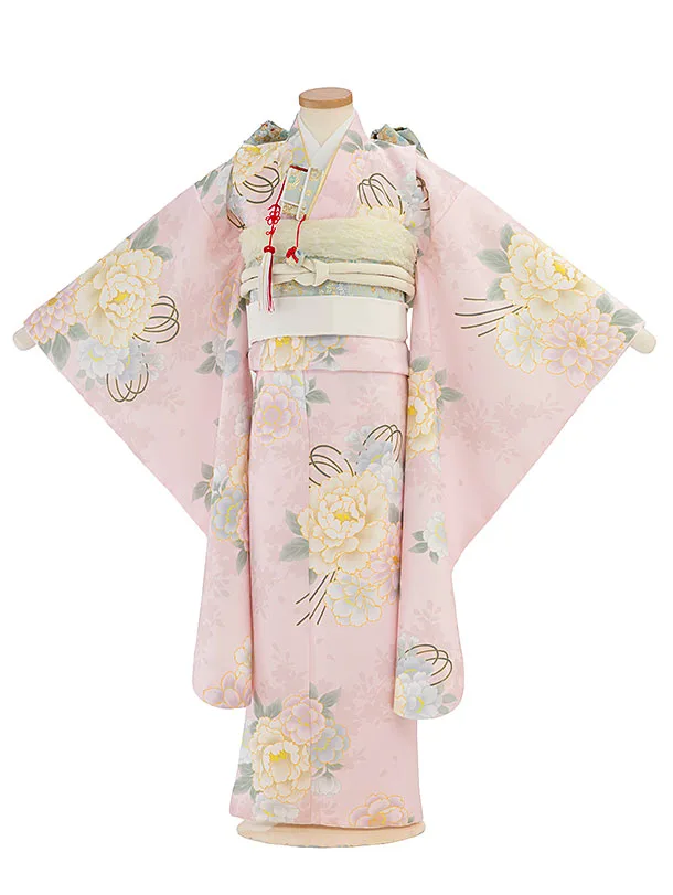 七五三レンタル(7歳女児結び帯) F449 くすみピンク 牡丹桜