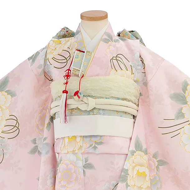 七五三レンタル(7歳女児結び帯) F449 くすみピンク 牡丹桜