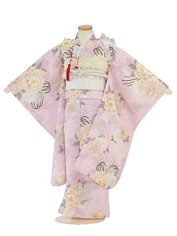 七五三レンタル(7歳女児結び帯) F450 淡ピンク 牡丹桜