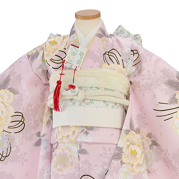 七五三レンタル(7歳女児結び帯) F450 淡ピンク 牡丹桜