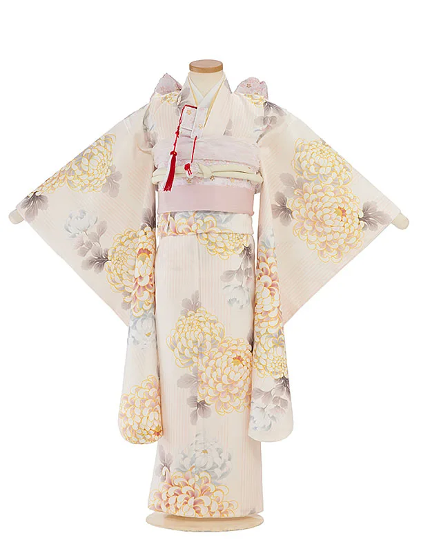 七五三レンタル(7歳女児結び帯) F453 ペールオレンジ 菊矢羽