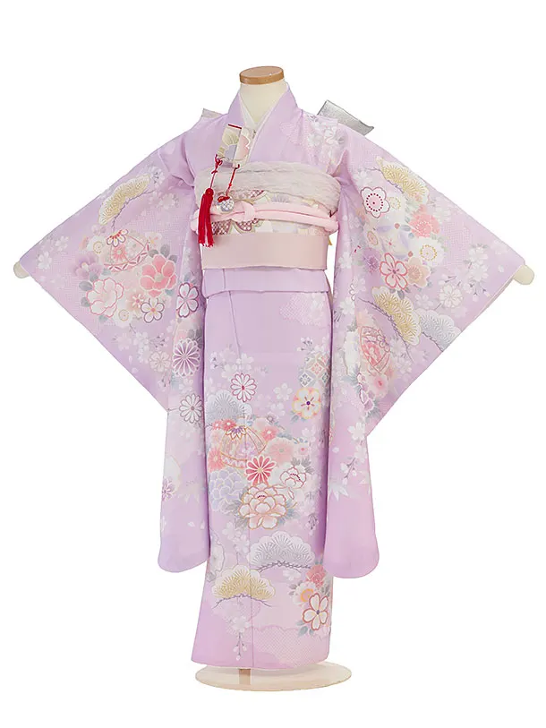 七五三レンタル(7歳女児結び帯) F455 ピンクパープル 花鞠雪輪