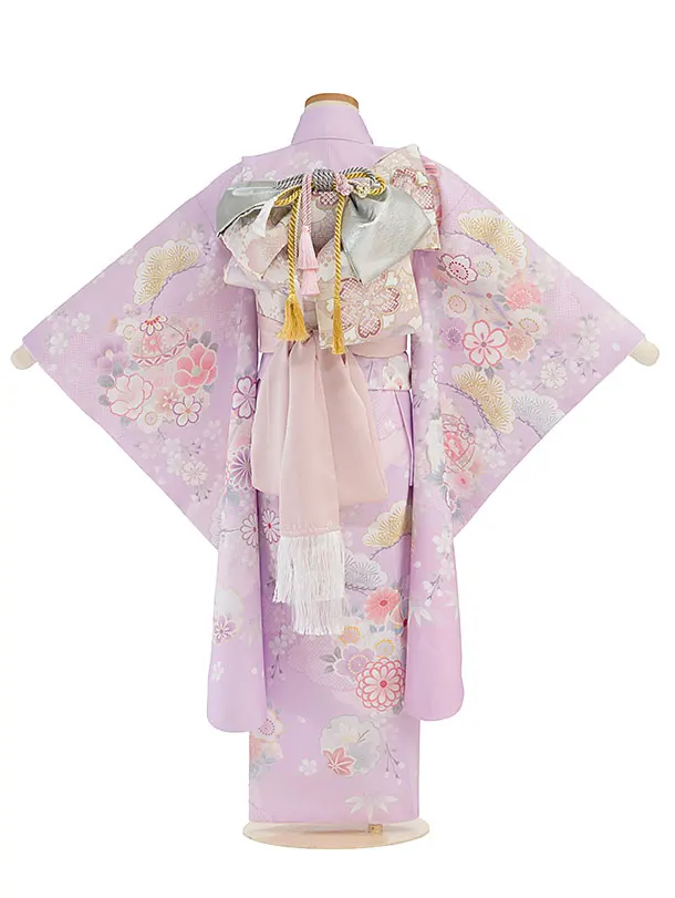 七五三レンタル(7歳女児結び帯) F455 ピンクパープル 花鞠雪輪