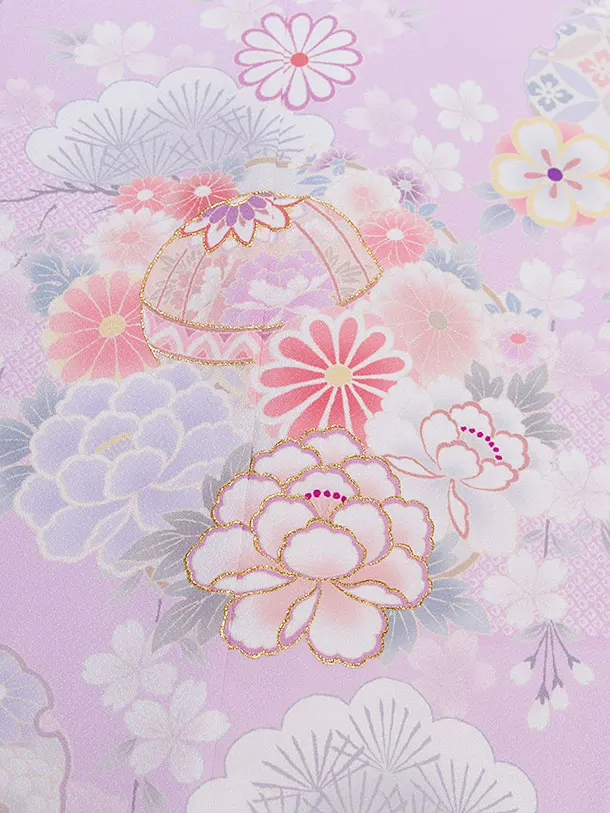 七五三レンタル(7歳女児結び帯) F455 ピンクパープル 花鞠雪輪