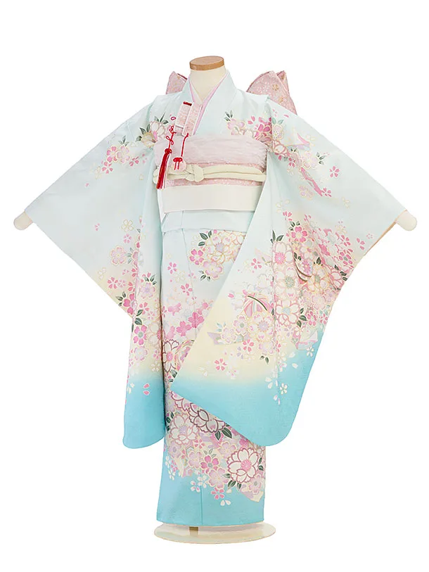 七五三レンタル(7歳女児結び帯) F459 水色 桜まり