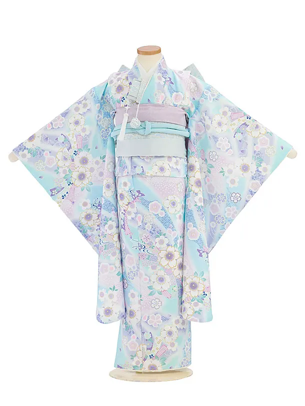 七五三レンタル(7歳女児結び帯) F463 KAGURA／水色 桜熨斗