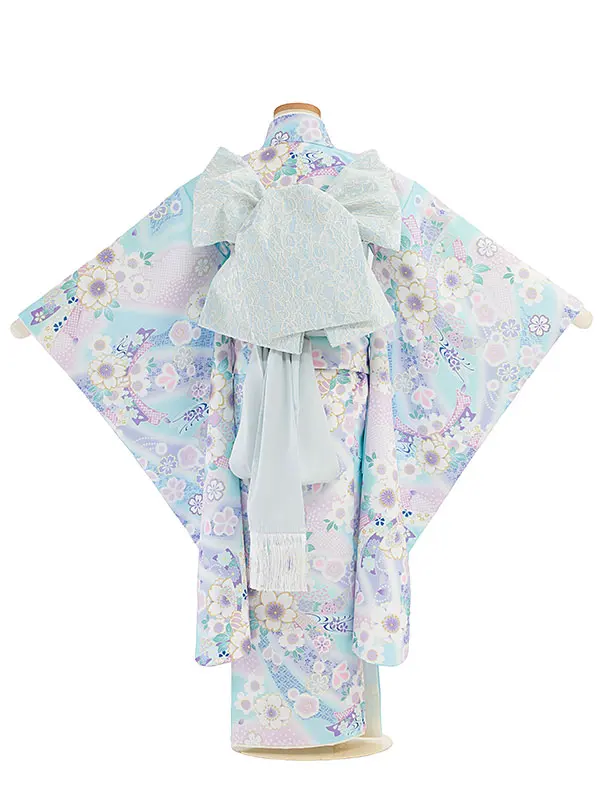 七五三レンタル(7歳女児結び帯) F463 KAGURA／水色 桜熨斗