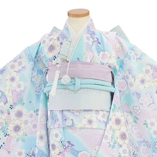 七五三レンタル(7歳女児結び帯) F463 KAGURA／水色 桜熨斗