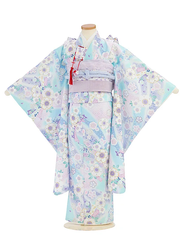 七五三レンタル(7歳女児結び帯) F464 KAGURA／水色 桜熨斗