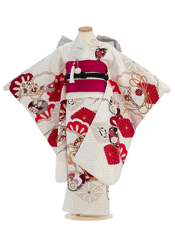 【正絹】七五三レンタル(7歳女児結び帯) F465 紅一点／オフホワイト 小槌菊