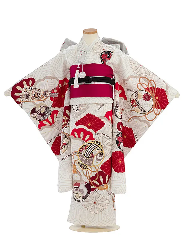 【正絹】七五三レンタル(7歳女児結び帯) F465 紅一点／オフホワイト 小槌菊