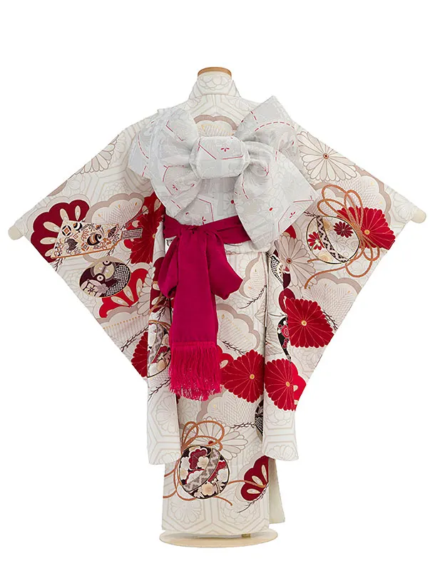 【正絹】七五三レンタル(7歳女児結び帯) F465 紅一点／オフホワイト 小槌菊