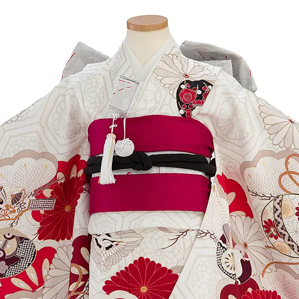 【正絹】七五三レンタル(7歳女児結び帯) F465 紅一点／オフホワイト 小槌菊