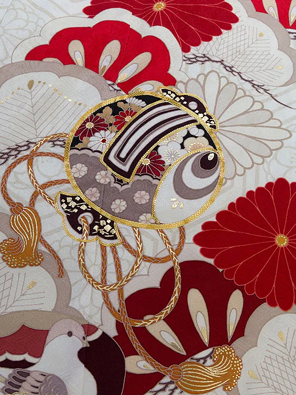 【正絹】七五三レンタル(7歳女児結び帯) F465 紅一点／オフホワイト 小槌菊