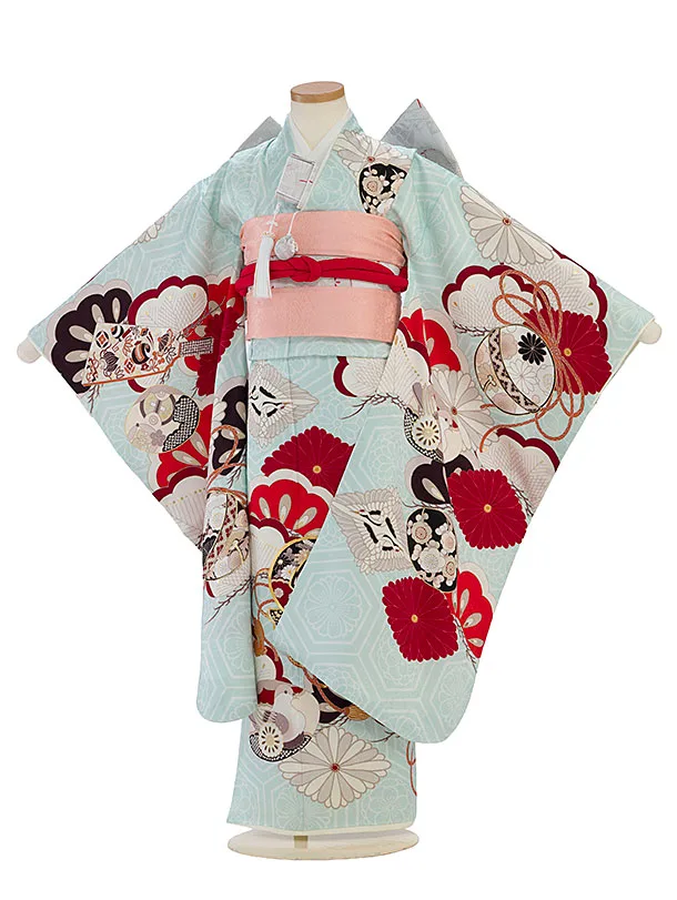 【正絹】七五三レンタル(7歳女児結び帯) F466 紅一点／水色 小槌菊