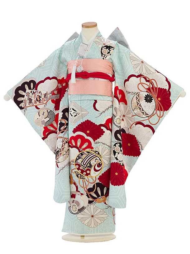 【正絹】七五三レンタル(7歳女児結び帯) F466 紅一点／水色 小槌菊
