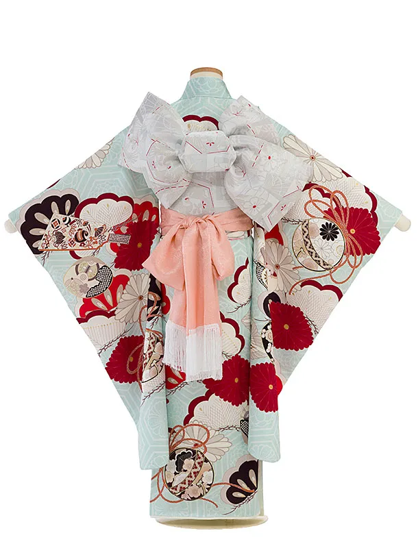 【正絹】七五三レンタル(7歳女児結び帯) F466 紅一点／水色 小槌菊