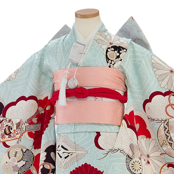 【正絹】七五三レンタル(7歳女児結び帯) F466 紅一点／水色 小槌菊