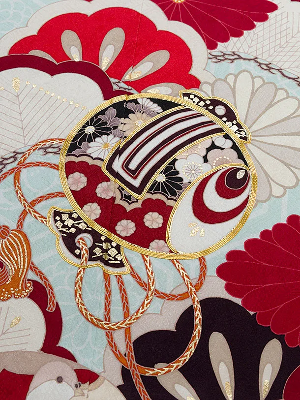 【正絹】七五三レンタル(7歳女児結び帯) F466 紅一点／水色 小槌菊